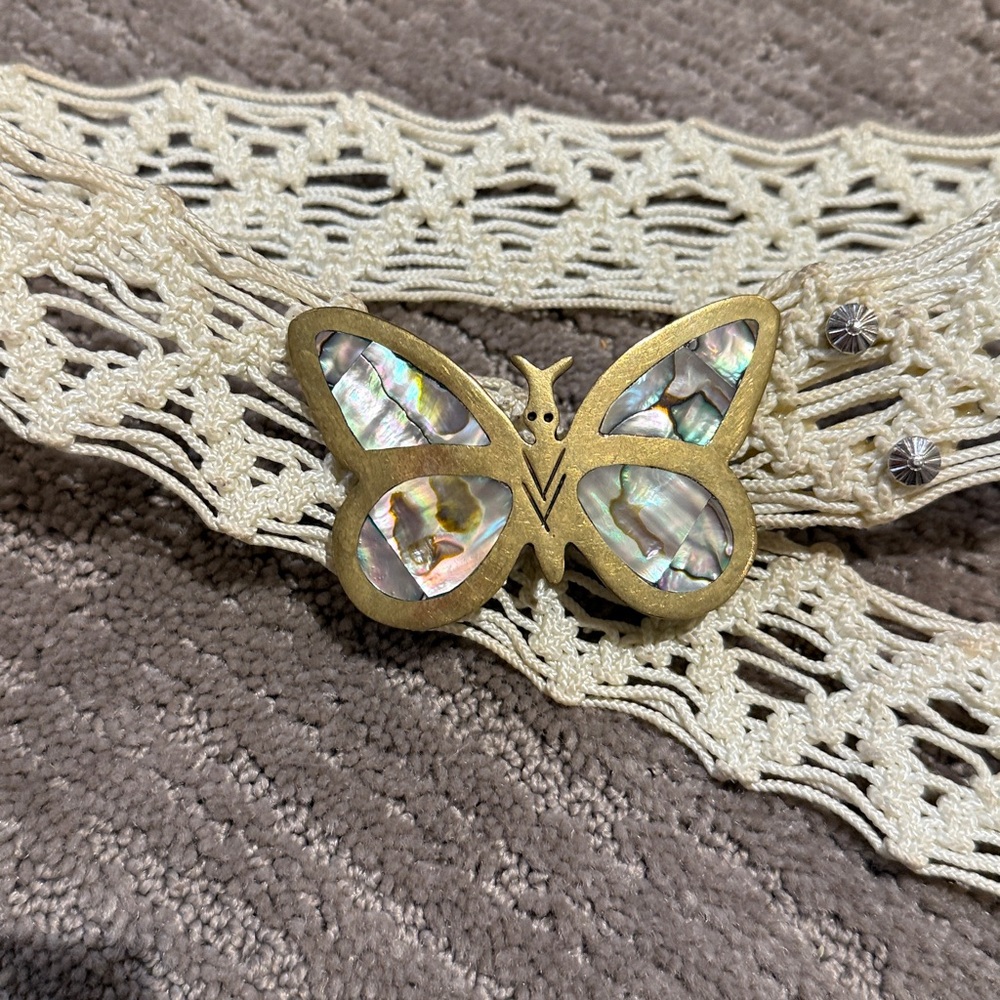 Vintage Cream Macrame Belt with Brass and Abalone Shell Butterfly Buckle - Picture 2 of 7